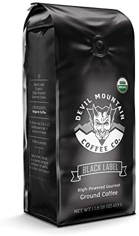Devil Mountain Coffee Black Label Dark Roast Ground Coffee, Strong High Caffeine Coffee Grounds, USDA Organic, Fair Trade, Gourmet Artisan Roasted, Strongest Coffee in the World, 16 oz Bag