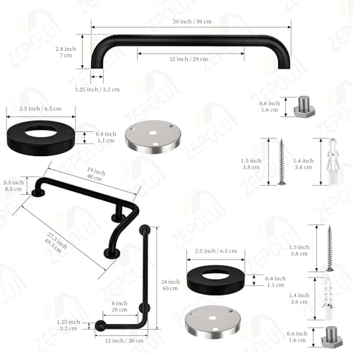 Black L-Shaped Grab Bar 12x24 Inch + Knurled Shower Grab Rail 20 Inch, Zepolu Stainless Steel Toilet Safety Bar 90 Degree, Angled Balance Support Assist Bar for Elderly, Bathroom Mobility Aid Handrail