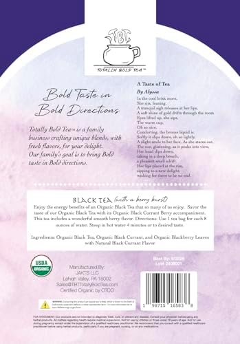 TBT - Totally Bold Tea - Organic Black Tea - Natural Energy - Caffeine - 30 pyramid whole leaf bags.