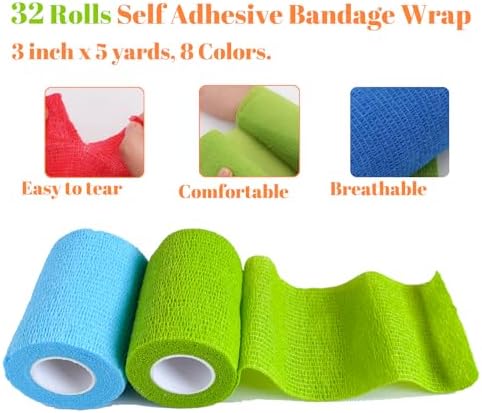 32 Rolls 3 Inch Self Adhesive Bandage Wrap, Vet Wrap for Horses Dogs Wounds Care Dressings, Elastic Self Stick Cohesive Bandage Wrap, Wrist, Sports, Ankle Tape Leg Wraps (Mixed)