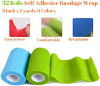32 Rolls 3 Inch Self Adhesive Bandage Wrap, Vet Wrap for Horses Dogs Wounds Care Dressings, Elastic Self Stick Cohesive Bandage Wrap, Wrist, Sports, Ankle Tape Leg Wraps (Mixed)