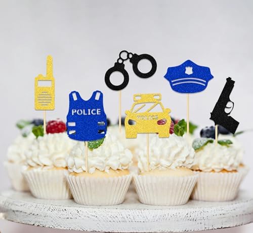 24Pcs Police Retirement Cupcake Topper, Police Officer Cupcake Decorations, Officer Grad Decoration, Police Party Decorations, Congrats Officer Party Topper Supplies Blue Gold Black