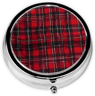 (Plaid Red and Black) Round Pill Box,3 Compartment Pill Box Mini Decorative Pocket Purse Portable Travel Medicine Tablet Vitamin Holder Organizer Pill Case