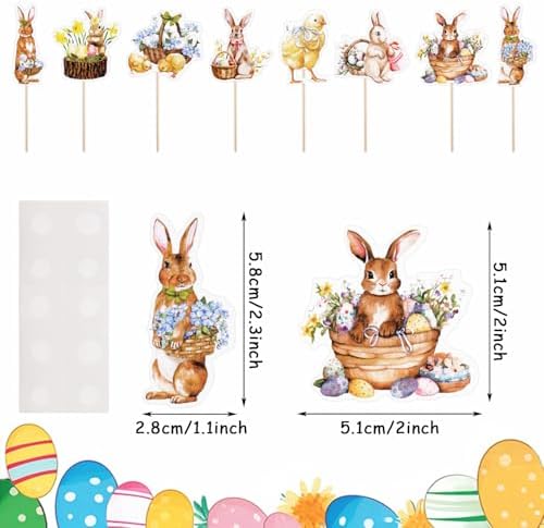 LOMIMOS 48Pcs Easter Cupcake Topper with Sticks Glue Point，Watercolor Floral Easter Bunny Cupcake Topper Happy Easter Food Picks for Easter Spring Party Supplies Baby Party Essentials