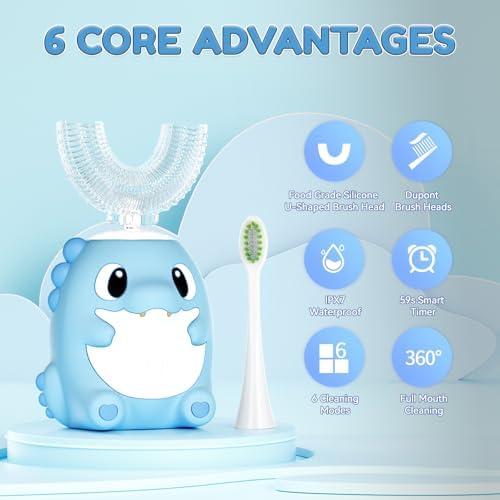 Kids Electric U Shaped Toothbrush,Kids Dinosaur Sonic Automatic Toothbrush with 5 Soft Brush Head 6 Cleaning Modes Full Mouth 360° Cleaning - Age2-15 Blue