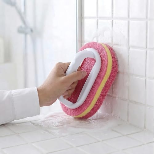 Multifunctional Cleaning Brush with Handle, Thick Sponge Scrubber for Kitchen, Bathroom, Bathtub, Sink & Floor, 1 Pack (Pink)