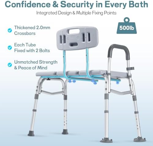 Tub Transfer Bench for Bathtub, Height Adjustable Shower Bench with Backrest, Shower Chair Bath Seat for Elderly, Seniors, Arm Support for Transfer-Gray