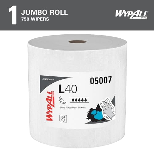 WypAll PowerClean L40 Cloths Extra Absorbent Wipes, Jumbo (05007), Bulk Paper Wipers, White (1 Roll of 750 Sheets)