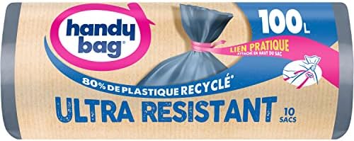 Handy Bag - Handy bin bags with extra strong tie 100L x 10 bags - Leak-proof bottom - Maximum sealing - Convenient link attached at top of bag - 100% recycled plastic