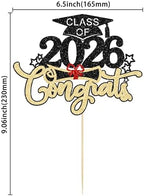1Pc Class of 2026 Cake Topper Glitter Congrats Grad Cap 2026 Graduation Cake Pick Decorations for 2026 Graduation Theme High School Boys Girls Graduate Party Cake Decorations Supplies Black Gold