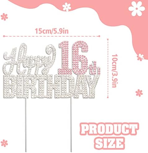 Happy 16th Birthday Silver & Pink Rhinestone Cake Topper - Cheers to 16 Years Old Sixteen Bday Metal Sparkly Cake Centerpieces Topper Decorations Sign.