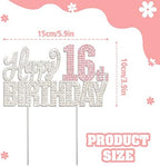 Happy 16th Birthday Silver & Pink Rhinestone Cake Topper - Cheers to 16 Years Old Sixteen Bday Metal Sparkly Cake Centerpieces Topper Decorations Sign.