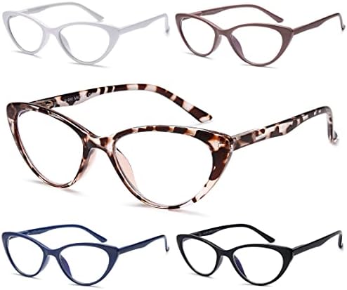 EYEURL Reading Glasses for Women 5 Pack Fashion Cat Eye Reading Glasses, Men Blue Light Blocking Readers with Spring Hinges Computer reading glasses.1.5