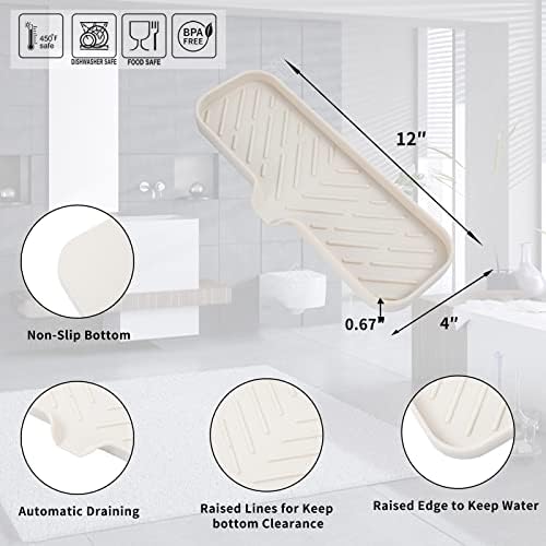 MicoYang Silicone Bathroom Soap Dishes with Drain Spout-Bathroom and Kitchen Sink Organizer,Sponge Holder,Dish Soap Tray,Perfect for Dispenser,Scrubber,Bottle,Cup on Sink or Counter-Tapioca 12"×4"