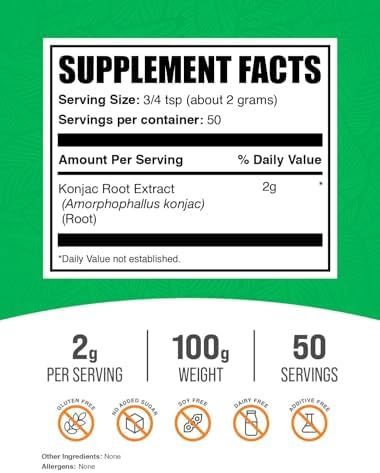 BulkSupplements.com Glucomannan Powder - from Konjac Root Extract Powder, Glucomannan Supplements - Gluten Free, 2g per Serving, 100g (3.5 oz) (Pack of 1)