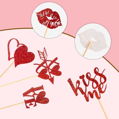 60 Pcs Happy ValentineCupcake Toppers,Glitter Cupid Love Heart Lip Kiss Me Be Mine XOXO Cupcake Picks for Valentine Theme Wedding Party Cake Decorations Supplies,Red