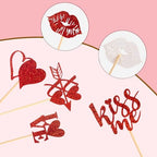 60 Pcs Happy ValentineCupcake Toppers,Glitter Cupid Love Heart Lip Kiss Me Be Mine XOXO Cupcake Picks for Valentine Theme Wedding Party Cake Decorations Supplies,Red