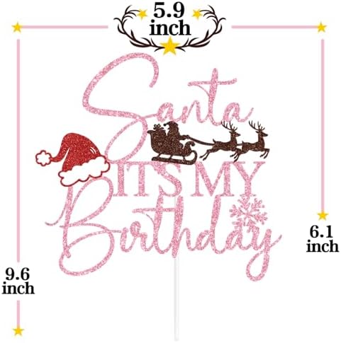 Pink Glitter Santa It's My Birthday Cake Topper, Merry Birthday Christmas Decor, Winter New Year Xmas Holiday Party Decorations Supplies