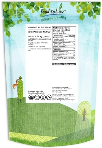 Food to Live Organic Mung Beans, 10 Pounds – Non-GMO, Whole Dried Beans, Green Gram, Sproutable, Kosher, Sirtfood. Good Source of Fiber and Protein.