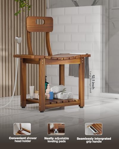 BLUEWEST 23.4'' Shower Chair with Backrest Bath Chair for Inside Shower or Tub, Heavy Duty 450 lbs Support, Non-Slip Feet, Shelf Storage, Built-in Handles for Elderly or Adults (Acacia)