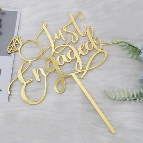 Acrylic Double Sided Gold Just Engaged Cake Topper for Engagement Party Decorations, Engaged Ring Sign,We're Engaged Cake Toppers (double-sided gold acrylic)