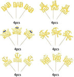 24 Pack Happy Father's Day Cupcake Toppers Glitter Best Dad Ever Cupcake Picks Love Father #1 Dad Tie Moustache Hat Tool Cake Decorations for Happy Father's day Theme Men Birthday Party Supplies Gold