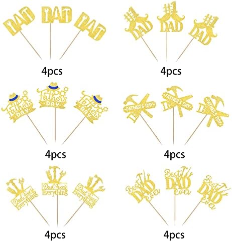 24 Pack Happy Father's Day Cupcake Toppers Glitter Best Dad Ever Cupcake Picks Love Father #1 Dad Tie Moustache Hat Tool Cake Decorations for Happy Father's day Theme Men Birthday Party Supplies Gold