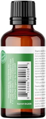 Viva Doria Lime Essential Oil, USDA Certified Organic Lime Oil, Redistilled, Sri-Lankan, 100% Pure, Natural Essential Oil, Undiluted, for Aromatherapy | Food Grade, 30 mL (1 Fluid Ounce)