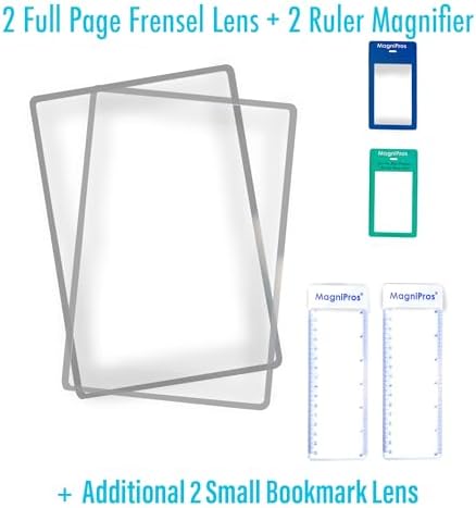 MagniPros (2PACK) Large Full Page 3X Premium Magnifying Sheet Fresnel Lens 7.5" x 10.5" with 2 Ruler Magnifiers +2 Bookmark Fresnel Lens Magnifiers for Reading Small Print & Low Vision Seniors