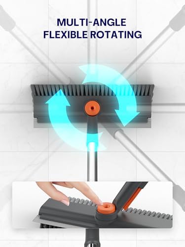 Floor Scrub Brush with Long Handle, 3 in 1 Multi-angle Swivel Right Angled Bristle Floor Scrubber Brush with Squeegee and Tweezer for Cleaning Tile Wall Deck Bathroom Patio Garage Kitchen (Grey)