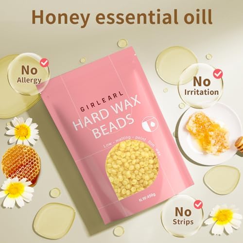 GIRLEARLE Hard Wax Beads, 1lb Honey Wax Beans for Hair Removal, Hard Wax for Sensitive Skin at Home, Wax Refill Perfect for Brazilian Bikini, Legs, Facial, Eyebrow and Full Body for Women and Men