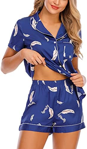 Rubehoow Women's Silk Satin Pajamas Set Button Up Short Sleeve Sleep Shirt and Elastic Wasit Shorts Pjs Set