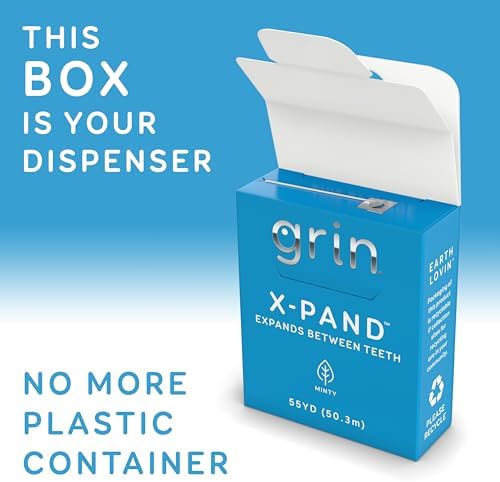 GRIN X-Pand Floss Box, Expands Between Teeth, 55 Yards (50.3m), Minty Flavor, Recyclable Packaging, 165 Feet of Strong Fine Dental Floss, No More Plastic Container, No Shredding or Breaking