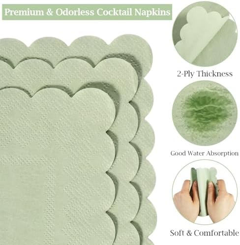 100 Pcs Cocktail Napkins, 2-Ply 5 x 5 Inches Disposable Scalloped Napkins, Thick Premium Dessert Napkins for Party, Wedding, Dinner, Birthday, Anniversary, Festival (Sage Green)