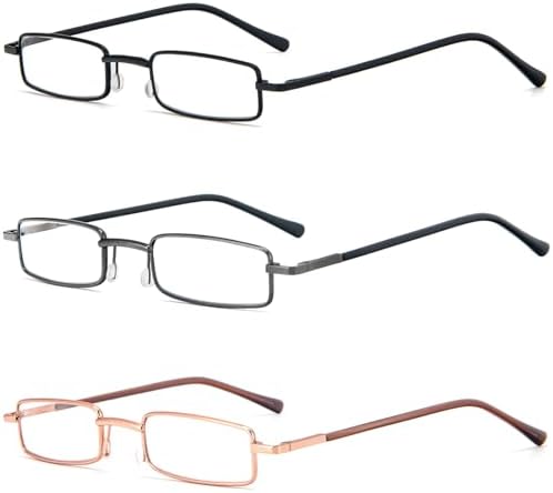 REAVEE 3 Pack Slim Pen Reading Glasses Small Tube Stylish Readers Women Men Spring Hinged with Portable Clip Case, Black Grey Gold 1.5