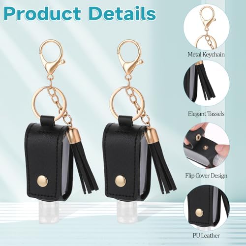 2 Pcs Portable Handwashing Fluid Holder Bottles with Keychain, Refillable Travel Containers, 1oz/30ml Squeeze Bottles for Toiletry Lotion Liquid Soap Shampoo (Black)