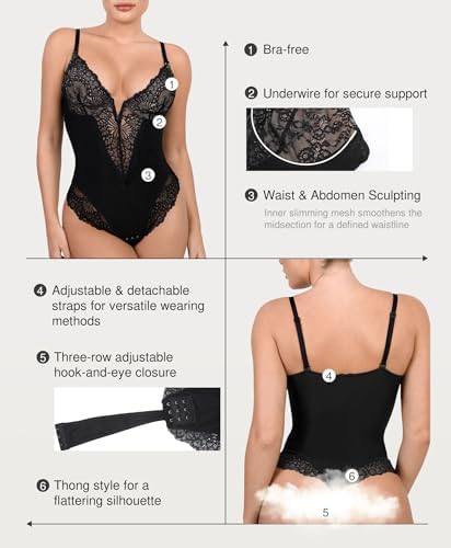 Popilush Shapewear Bodysuits for Women Lace Corset Tops Tummy Control V Neck Sleeveless Body Suit Thongs