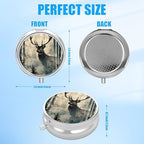 Vintage Deer Pine Tree Pill Case, Pill Box 3 Compartments Metal Small Pill Holder with Mirror Mini Travel Pill Container for Purse Pocket Women Men