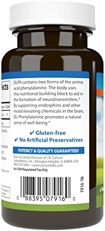Carlson DLPA DL-Phenylalanine 500 mg Mood, Cognitive & Nervous System Support Supplement - 60 Capsules