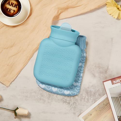 Amylove Mini Hot Water Bottle 320ml for Hot & Cold Compress with Cover Silicone Microwave Heating Small Water Bag for Travel Pain Relief Valentine's Day Gifts(Blue)