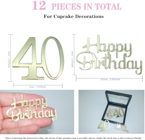 Happy Birthday Cupcake Party Decorations, Gold Mirror Acrylic，Acrylic Number Cupcake Topper,12 Pieces,40th Birthday Cake Toppers,40th Cupcake Topper,(40th Birthday Cupcake)