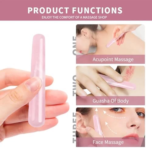Rose Quartz Crystal Gua Sha Scraping Massage Acupressure Therapy Stick for Face, Eyes, Body Relaxation, Natural Pink Crystal Stone Trigger Point Massage Tool, Reduce Muscle Soreness and Pain Relief
