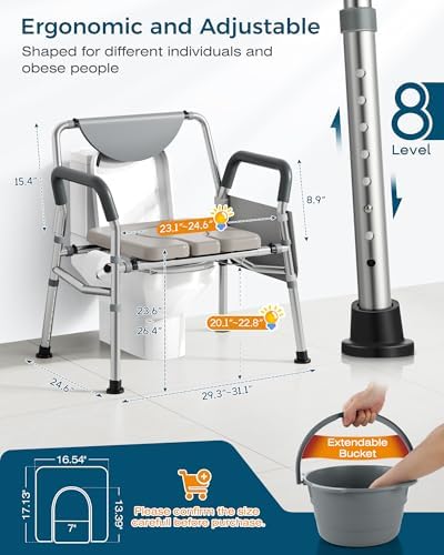 4 in 1 Heavy Duty Bedside Commode, Height Adjustable Adult Potty Chair, Shower Chair for Elderly, Disabled, Extra-Wide Seat, 350lbs Weight Capacity