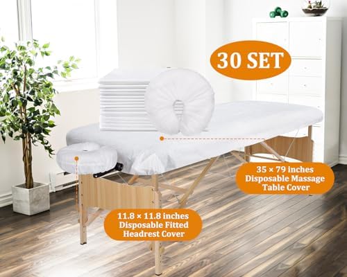 60 Pcs Disposable Fitted Massage Table Sheet Set - 30 Pcs Breathable Spa Bed Sheets and 30 Pcs Face Cradle Covers/Headrest Covers