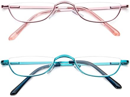 Half Reading Glasses - 2 Pairs Half Rim Metal Frame Glasses Spring Hinge Readers with Leather Pouch for Men and Women (Blue&Pink, 2.25)