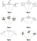 24 Pack Little Star Cupcake Toppers Glitter Moon Cloud Cupcake Picks Twinkle Star Baby Shower Kids Birthday Wedding Party Cake Decorations Supplies Silver