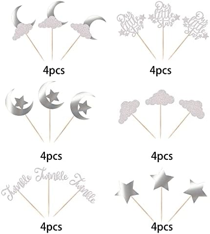 24 Pack Little Star Cupcake Toppers Glitter Moon Cloud Cupcake Picks Twinkle Star Baby Shower Kids Birthday Wedding Party Cake Decorations Supplies Silver