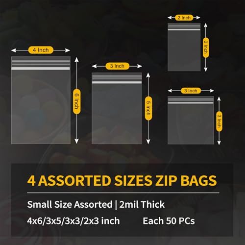 200 Pack Small Plastic Bags For Jewelry, Mini Baggies 4 Assorted Sizes. 2x3 3x3 3x5 4x6 Inch 2 Mil Thick Poly Zipper Lock Bags Clear for Jewelry, Bead, Crafts, Small Parts Storage