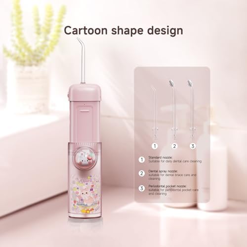 Kids Water Flosser,3 Modes Cordless Portable Water Teeth Cleaner,4 Replaceable Nozzles,IPX7 Waterproof Oral Irrigator Rechargeable,Professional Flossing Cleaning Picks for Home Travel (Pink)