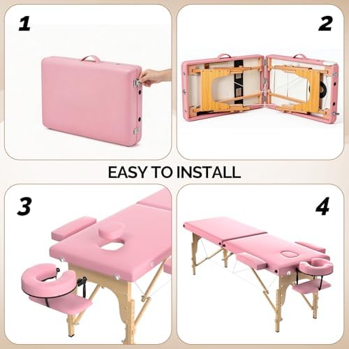 OmySalon Massage Table Portable Massage Bed, 84" x 24" 2-Fold Salon SPA Tattoo Bed Lash Table Height Adjustable with Carrying Bag, Face Cradle & Wooden Frame, Pink